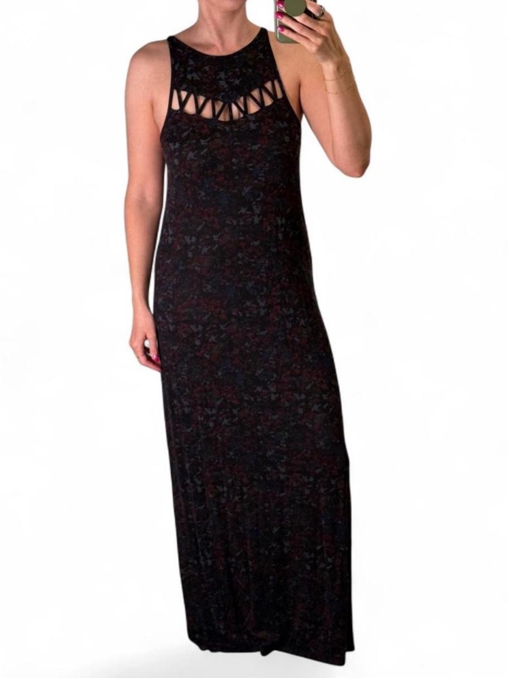 RVCA Black Floral-Print Sleeveless Maxi Dress with Lattice Yoke